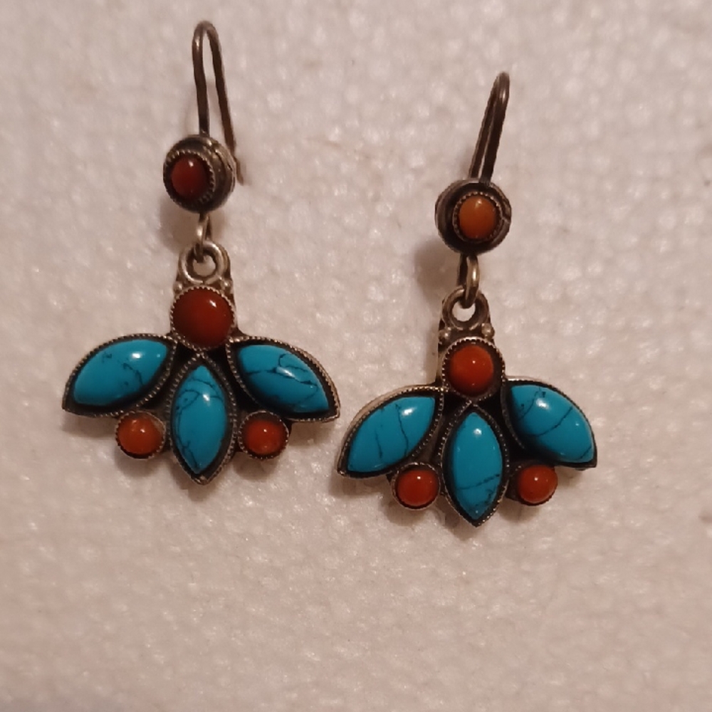 Turquoise And Coral French Wire Drop Earrings